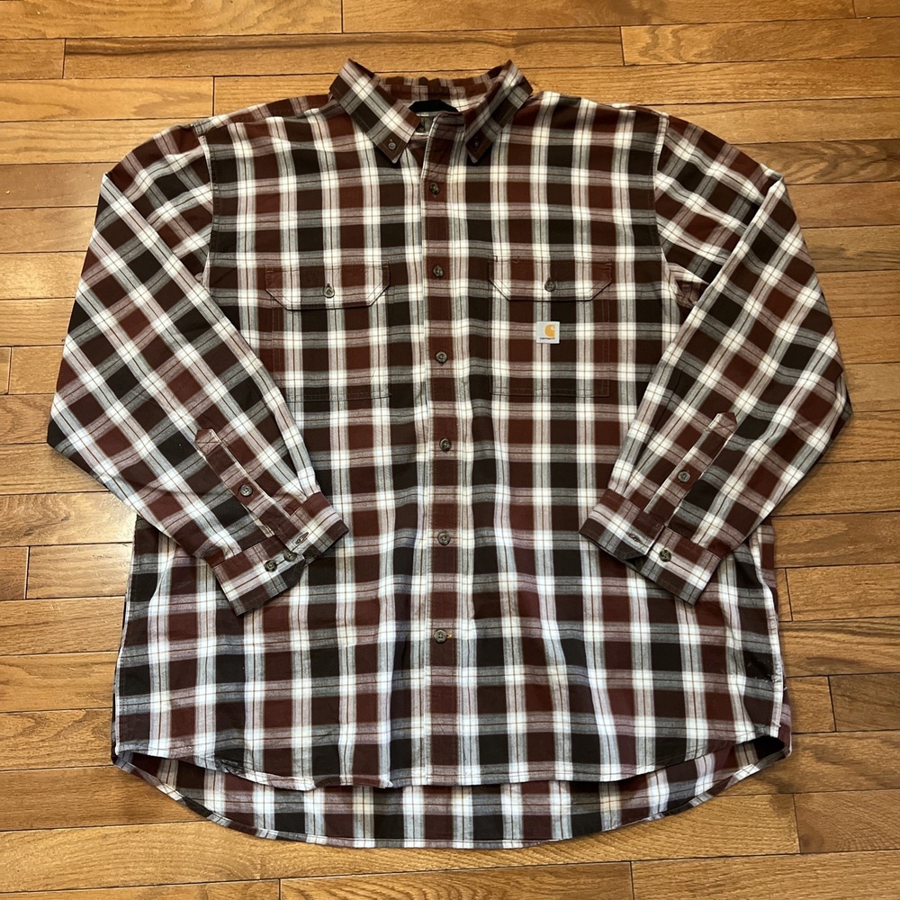 Carhartt 2XL Loose Fit Plaid Button Shirt Mens Workwear Cotton Brown Long Sleeve